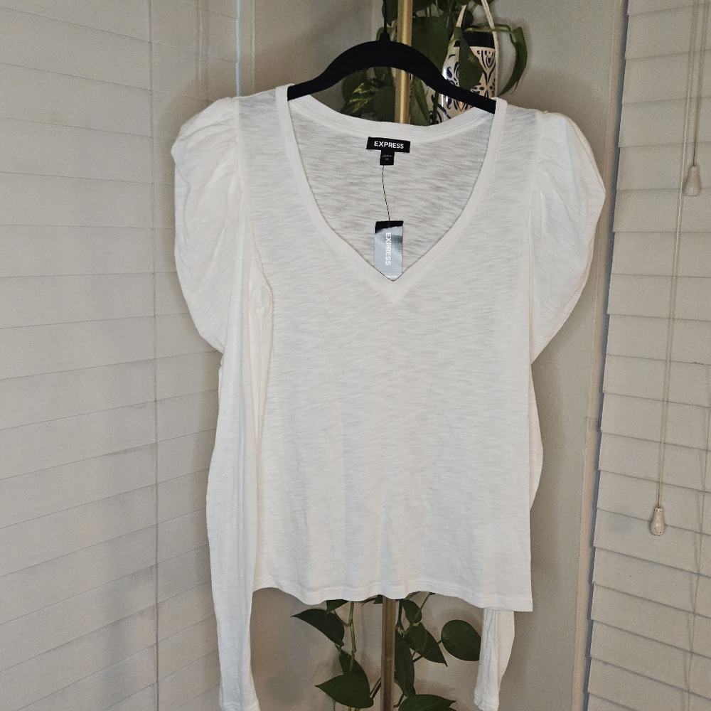 Express White Modal Slub Puff Sleeve V-Neck Top NEW